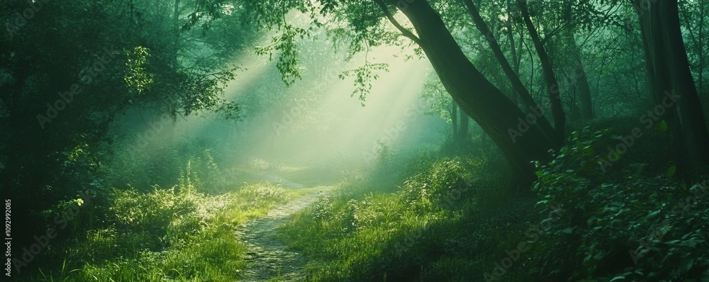 Obraz premium Sunlit Path Winding Through a Lush Green Forest. AI generated illustration