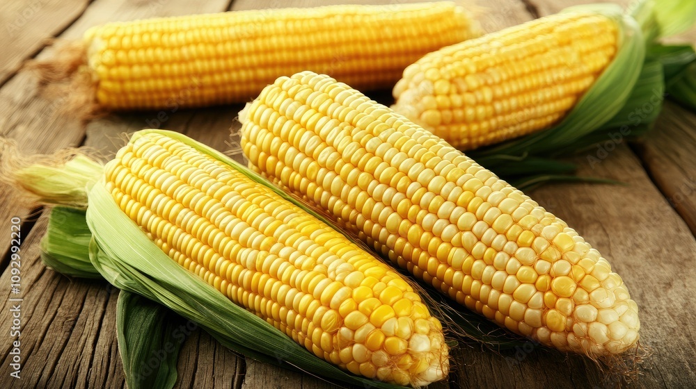 Freshly Harvested Yellow Corn on Cobs with Green Leaves Arranged on a Rustic Wooden Table, Showcasing the Natural Beauty and Texture of Seasonal Produce