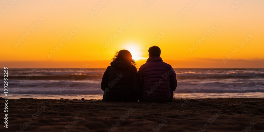 A couple enjoys a romantic moment seated on the beach, silhouetted by a stunning sunset, embodying love and togetherness amidst the vast ocean backdrop. A couple enjoys a romantic moment seated on the beach, silhouetted by a stunning sunset, embodying love and togetherness amidst the vast ocean backdrop.