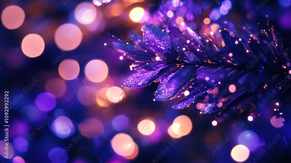 A close-up of a glittery purple branch with vibrant bokeh lights in the background. A close-up of a glittery purple branch with vibrant bokeh lights in the background.