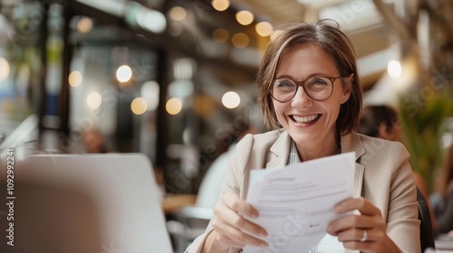 Fototapeta Naklejka Na Ścianę i Meble -  Smiling mature business woman hr holding cv document at job interview. Happy mid aged professional banking manager or lawyer consulting client sitting at workplace in corporate office meeting.