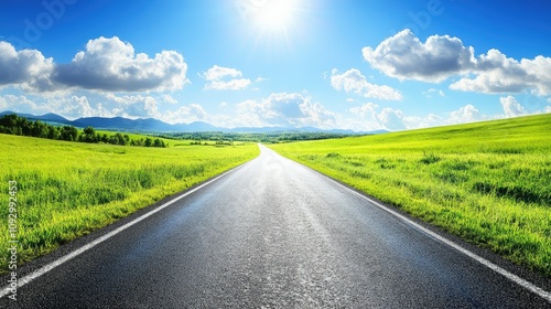 Serene Open Road on a Bright Sunny Day with Lush Green Fields and Vibrant Blue Sky, Ideal for Travel and Nature Photography Inspiration