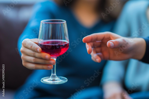 A man makes a hand gesture to stop another man holding a glass of red wine. Fighting Alcoholism