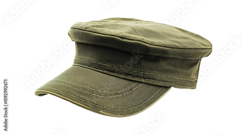 Exploring isolated style choices olive green military cadet cap fashion accessories urban environment close-up view