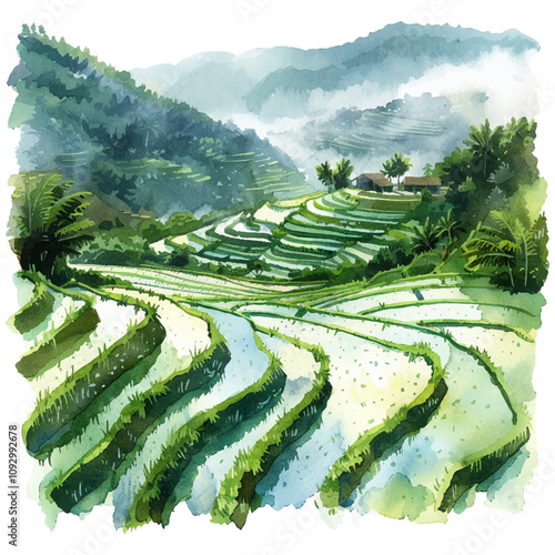 rice paddies in the mist vector illustration in watercolor style