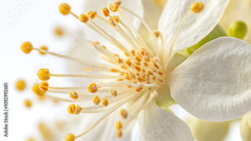 detailed macro shot of jasmine flower showcasing its delicate white petals and vibrant yellow stamens, capturing beauty of natures intricate design