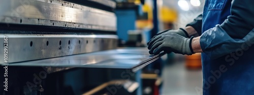 Workers hand bend metal sheets using machines. Modern steel plate cutting industry photo