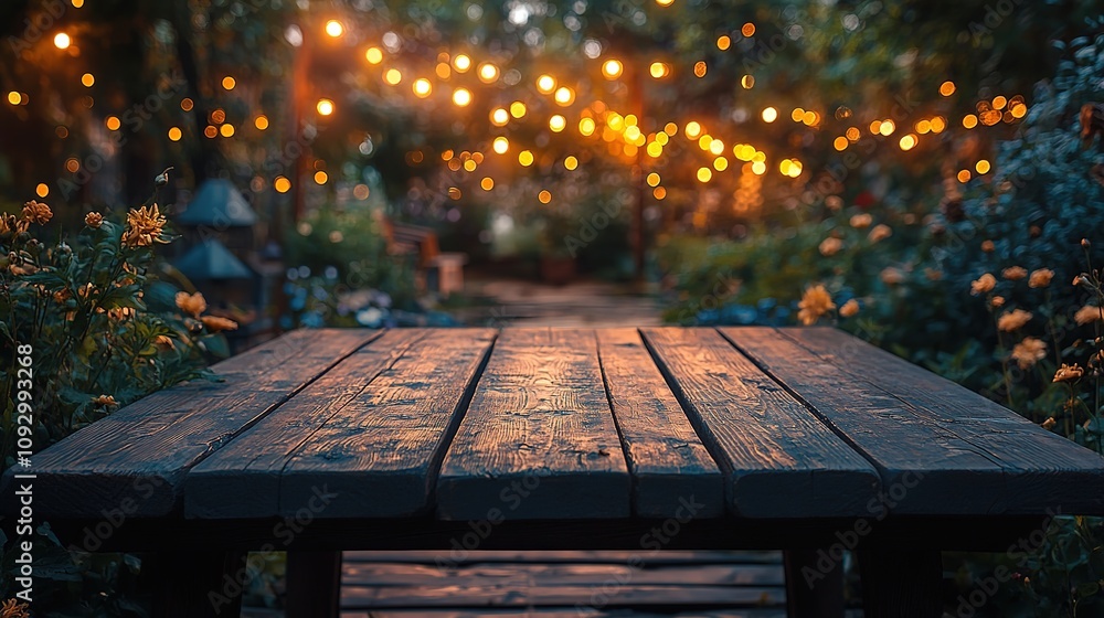 Wooden table in front of blurred garden lights background perfect for display, product montage. 4k Resolution Wooden table in front of blurred garden lights background perfect for display, product montage. 4k Resolution