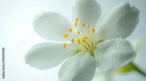 close up image of delicate jasmine flower showcasing its soft white petals and vibrant yellow stamens, evoking sense of tranquility and beauty