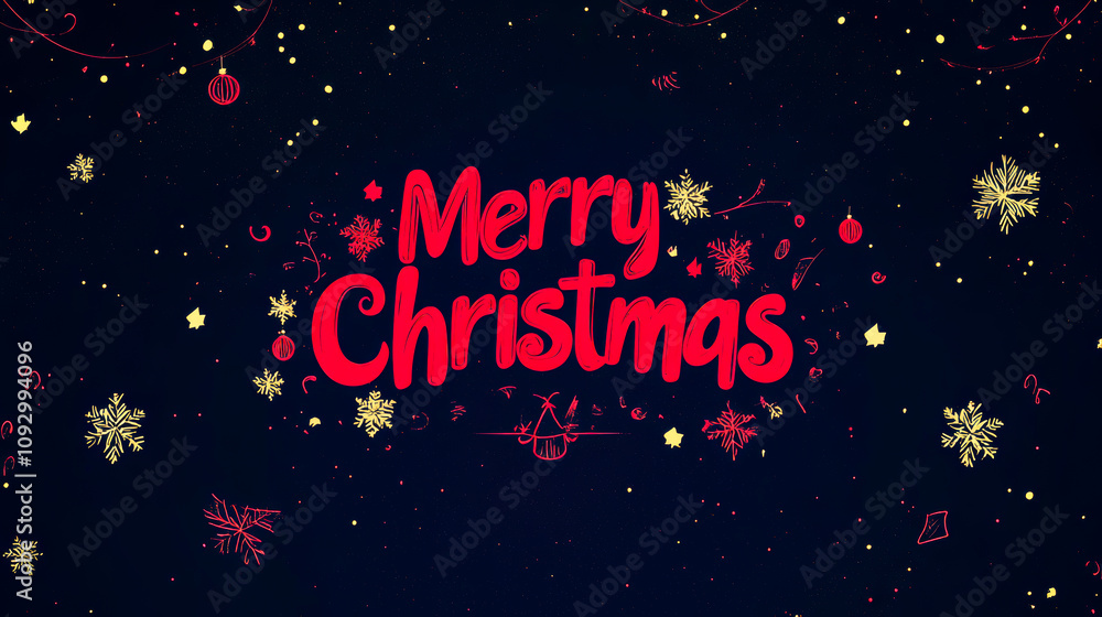 Merry Christmas is written in red on a blue background. The background is filled with snowflakes and other decorations, creating a festive and joyful atmosphere Merry Christmas is written in red on a blue background. The background is filled with snowflakes and other decorations, creating a festive and joyful atmosphere
