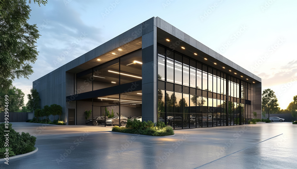 Multi purpose warehouse spaces. Modern industrial building with large glass windows and sleek design, showcasing multipurpose space ideal for various uses.parking area Multi purpose warehouse spaces. Modern industrial building with large glass windows and sleek design, showcasing multipurpose space ideal for various uses.parking area