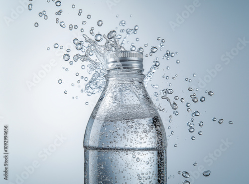 close up of glass bottle with clean water inside, splashing bubbles, light background, subject photography