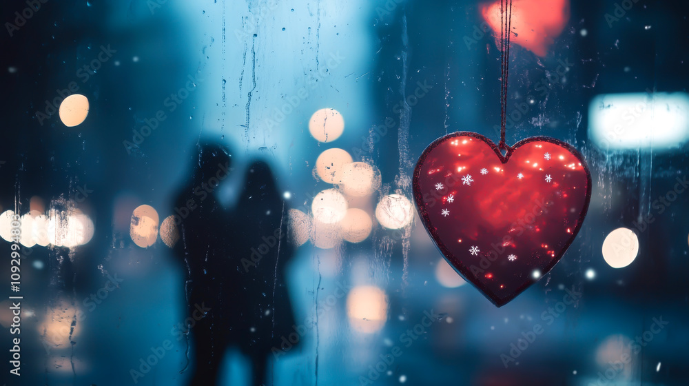 A couple is walking in the rain, with a heart hanging from the window. The heart is red and has snowflakes on it. The scene is romantic and intimate A couple is walking in the rain, with a heart hanging from the window. The heart is red and has snowflakes on it. The scene is romantic and intimate