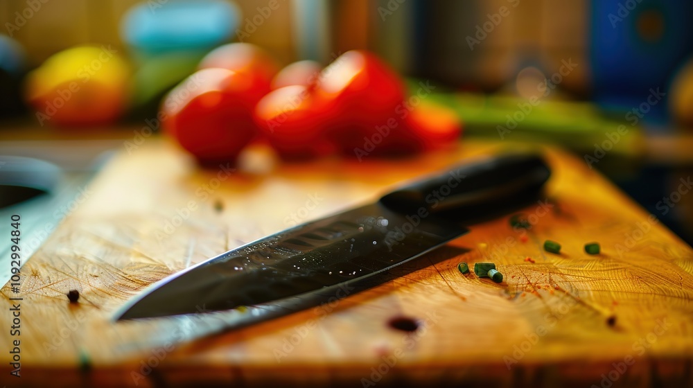 Close-up of a sharp kitchen knife on a wooden cutting board, with vegetables and fruits in the background, highlighting the precision and danger of culinary tools. Close-up of a sharp kitchen knife on a wooden cutting board, with vegetables and fruits in the background, highlighting the precision and danger of culinary tools.