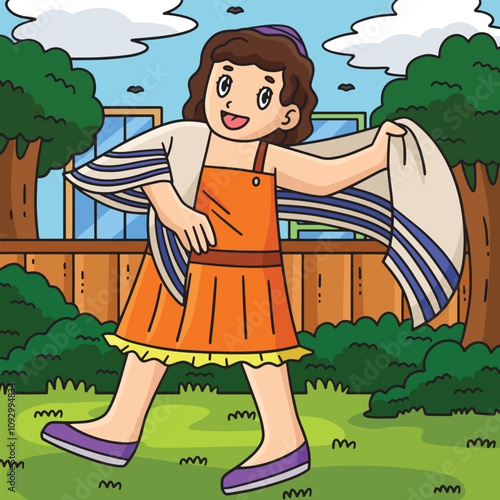 Bat Mitzvah Girl Wearing Tallit Colored Cartoon 