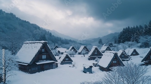 Picturesque snow covered traditional village in Shirakawa go Japan with iconic gassho style architectural rooftops nestled in the mountainous forested landscape photo