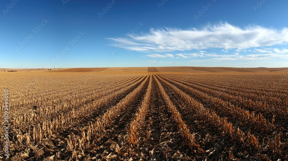Expansive Fields of Dried Corn Stalks Under a Clear Blue Sky with Wispy Clouds and Golden Landscape in Agriculture Setting Expansive Fields of Dried Corn Stalks Under a Clear Blue Sky with Wispy Clouds and Golden Landscape in Agriculture Setting