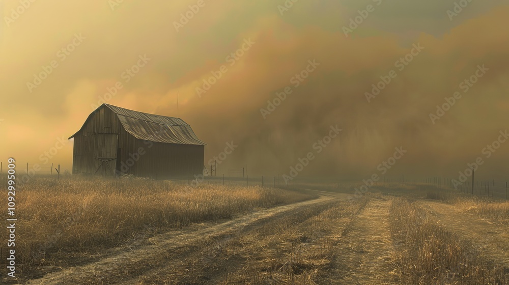 A rustic wooden barn stands in a hazy field, surrounded by golden grasses and a winding dirt path, evoking a sense of solitude. A rustic wooden barn stands in a hazy field, surrounded by golden grasses and a winding dirt path, evoking a sense of solitude.