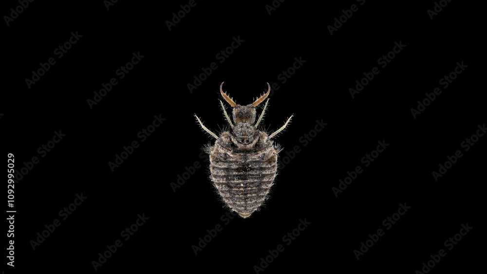 Fototapeta premium Insect larva Myrmeleon formicarius or common antlion, family Myrmeleontidae, order Neuroptera. Predator, buries itself in the sand, making a funnel and waits for prey.