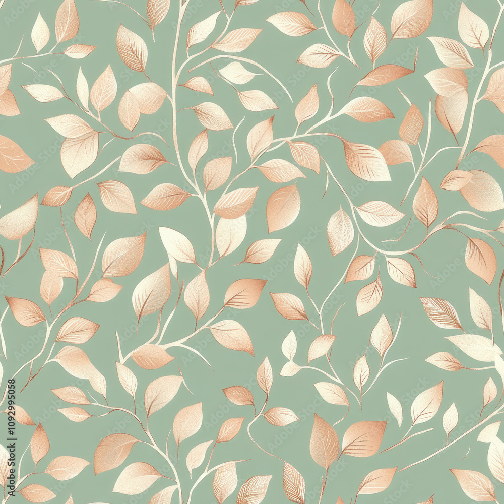 botanical pattern, golden leaf outlines on branches against a muted sage green background. botanical pattern, golden leaf outlines on branches against a muted sage green background.