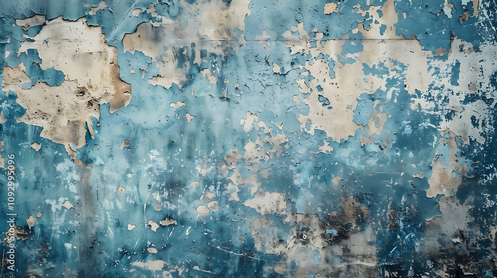 Fototapeta premium A textured blue wall with peeling paint, showcasing a mix of colors and patterns.