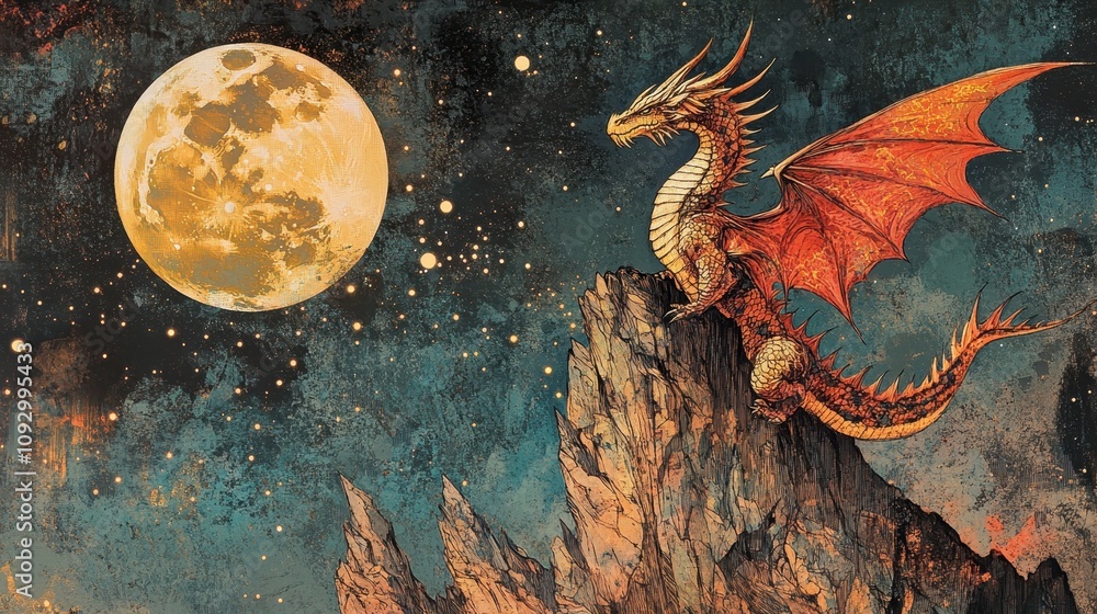 Majestic Dragon Perched on Rocky Cliff Under Full Moon in Starry Night Fantasy Illustration Majestic Dragon Perched on Rocky Cliff Under Full Moon in Starry Night Fantasy Illustration