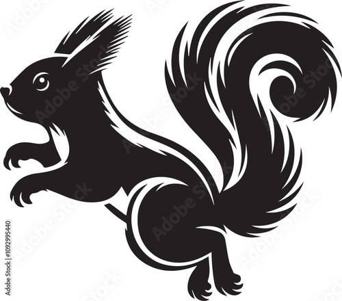 A squirrel jumping with a big bushy tail curled mid air silhouette vector