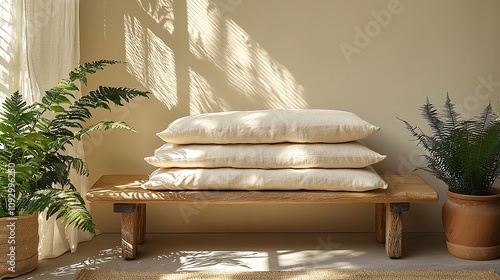 Cozy pillows on a wooden bench, warm atmosphere. photo