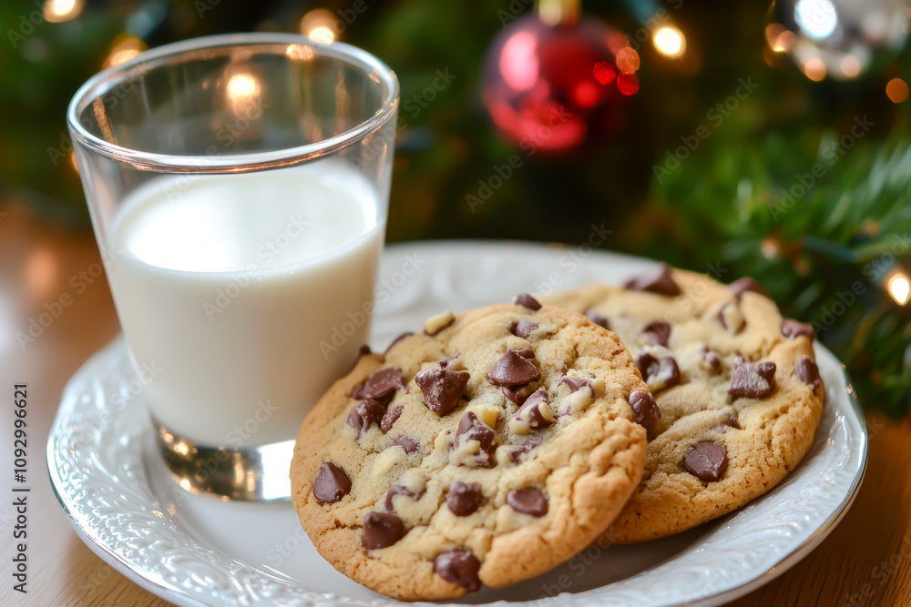 A glass of milk and two chocolate chip cookies on a white plate. The cookies are placed next to the glass of milk, creating a cozy and comforting scene A glass of milk and two chocolate chip cookies on a white plate. The cookies are placed next to the glass of milk, creating a cozy and comforting scene