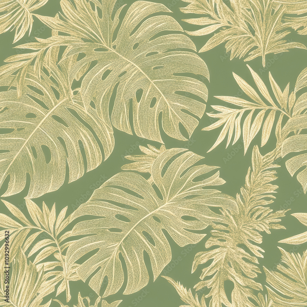 Fototapeta premium botanical pattern, golden outlines of fern fronds and mostera leaves on a muted green background.