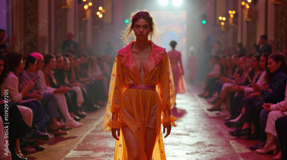 Fototapeta premium Vibrant Winter Runway Highlight: Bold Colors and Statement Pieces from Fashion Week 2024