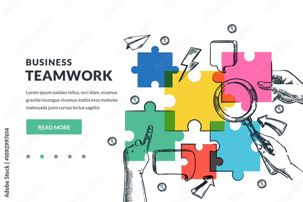 Idea problem solution, teamwork concept. Hands with puzzle and magnifying glass. Vector hand drawn sketch illustration Idea problem solution, teamwork concept. Hands with puzzle and magnifying glass. Vector hand drawn sketch illustration