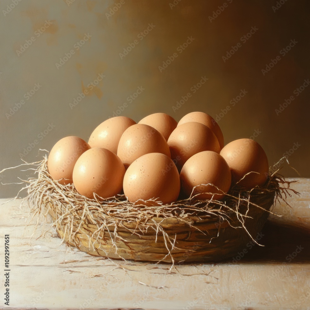 A basket filled with brown eggs resting on a rustic surface. A basket filled with brown eggs resting on a rustic surface.