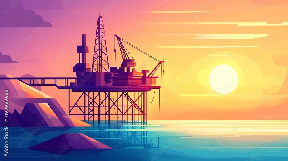 Obraz premium Striking modern flat design of an offshore oil rig platform silhouetted against a vibrant colorful sunset or sunrise sky over a calm sea creating a bold impactful visual scene