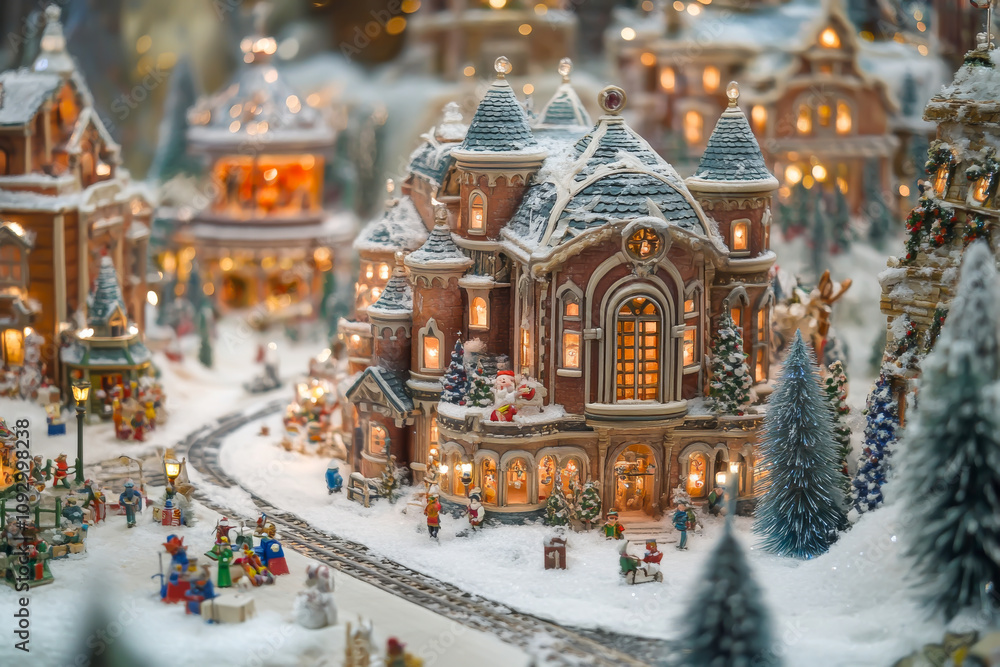 Obraz premium A small town scene with a Christmas theme. The houses are decorated with lights and snow, and there are people playing in the snow. The atmosphere is festive and joyful