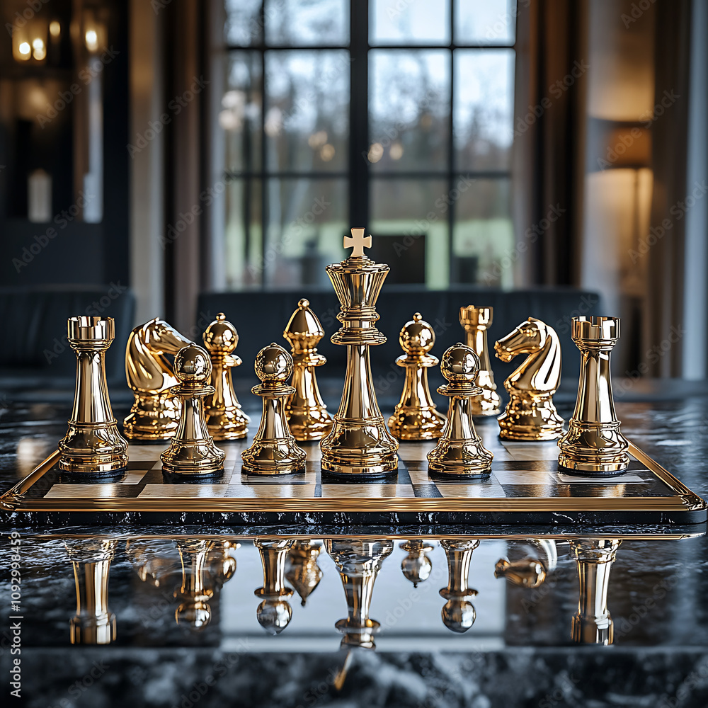 gold plated chess set on luxurious marble board reflects elegance and sophistication. intricate design of each piece adds touch of opulence to any game gold plated chess set on luxurious marble board reflects elegance and sophistication. intricate design of each piece adds touch of opulence to any game