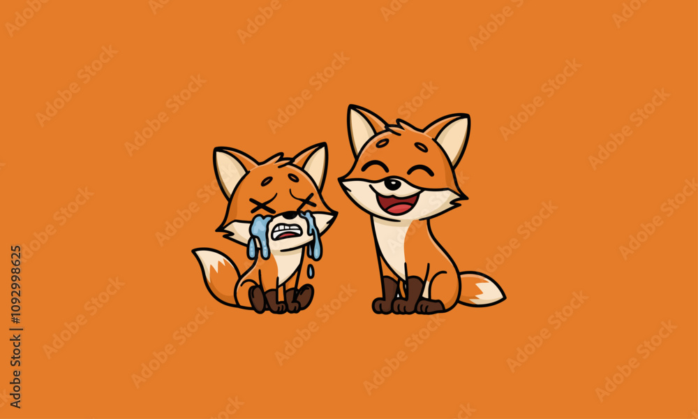 Fototapeta premium Two cartoon foxes showing happy and sad emotions.