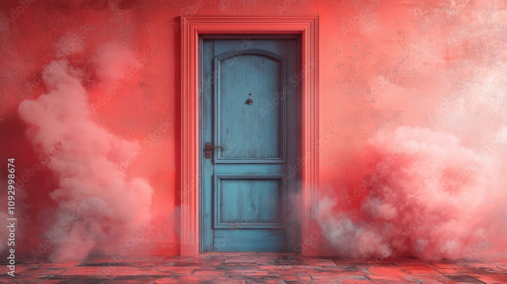 A blue door surrounded by red smoke against a textured wall. A blue door surrounded by red smoke against a textured wall.
