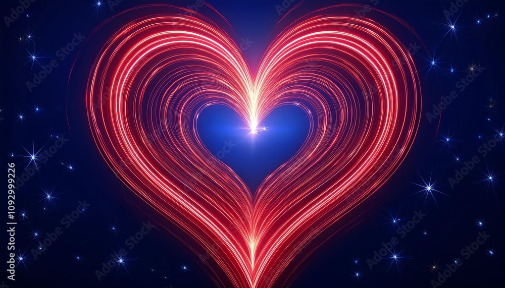 romantic love background - light glowing red heart on blue universe background romantic love background - light glowing red heart on blue universe background