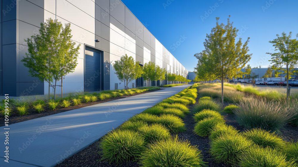 Obraz premium Multi purpose warehouse spaces. modern industrial warehouse surrounded by lush greenery and well maintained landscaping. pathway leads to building, showcasing blend of nature and industry