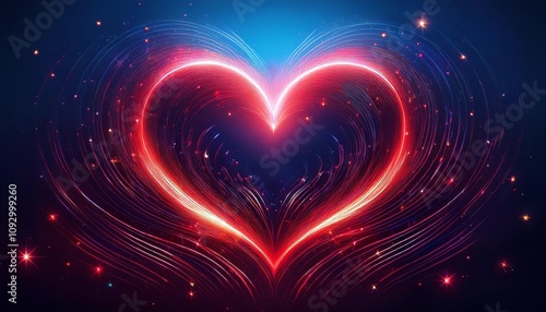 romantic love background - light glowing red heart on blue universe background