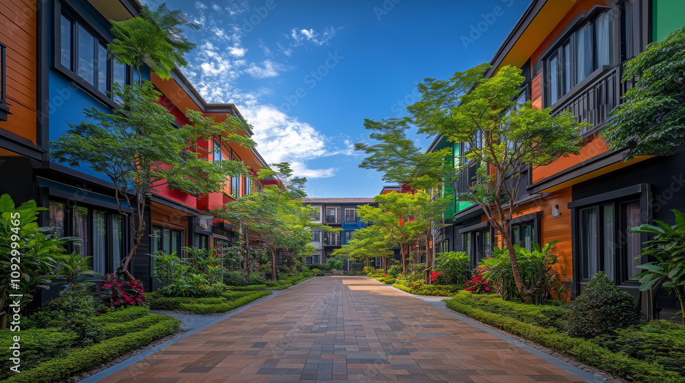 Multi purpose warehouse spaces. Colorful buildings in vibrant courtyard surrounded by lush greenery create serene atmosphere. clear blue sky enhances beauty of this inviting space Multi purpose warehouse spaces. Colorful buildings in vibrant courtyard surrounded by lush greenery create serene atmosphere. clear blue sky enhances beauty of this inviting space