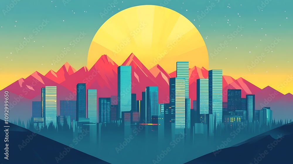 Fototapeta premium Cityscape at Sunset with Mountain Range and Large Sun