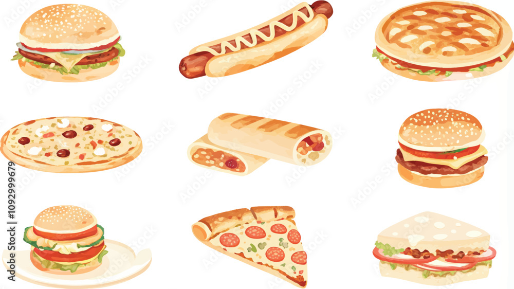 Big set of fast food icons on white background. Vector illustration. Big set of fast food icons on white background. Vector illustration.