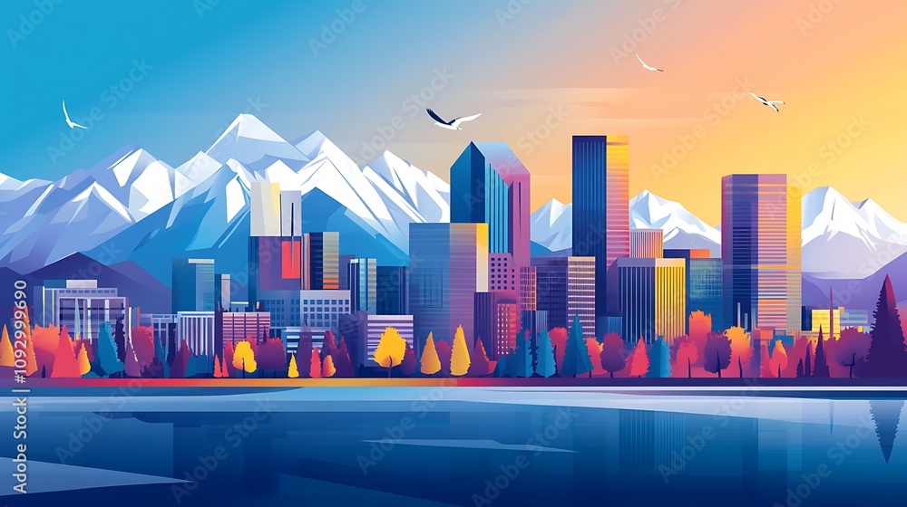 Vibrant Cityscape at Sunset, Backdropped by Majestic Snow-Capped Mountains Vibrant Cityscape at Sunset, Backdropped by Majestic Snow-Capped Mountains