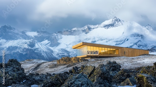 Sustainable Mountain Research Facility: Architectural Marvel in Cross-Laminated Timber, Set Against an Alpine Landscape with Soft Diffused Light and Textural Details. photo