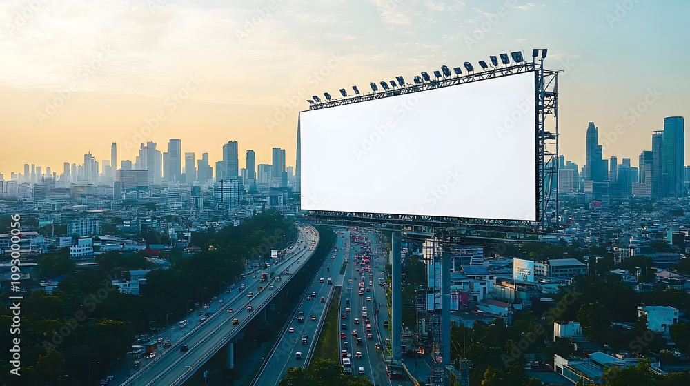 White billboard mockup on a tall city building, busy roads and cityscape stretching out below, white horizontal billboard mockup cityscape, highrise ad space White billboard mockup on a tall city building, busy roads and cityscape stretching out below, white horizontal billboard mockup cityscape, highrise ad space