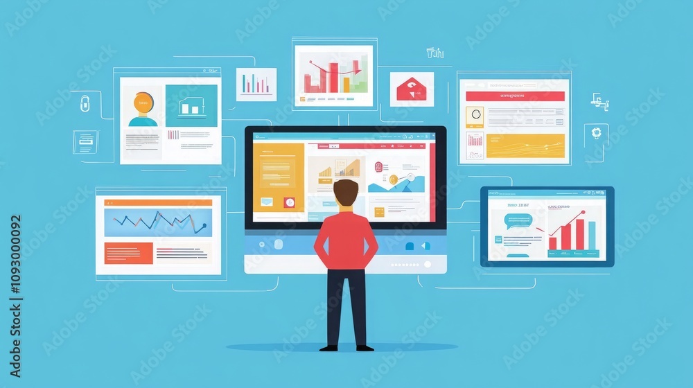 A person analyzing data on multiple screens in a digital workspace. A person analyzing data on multiple screens in a digital workspace.