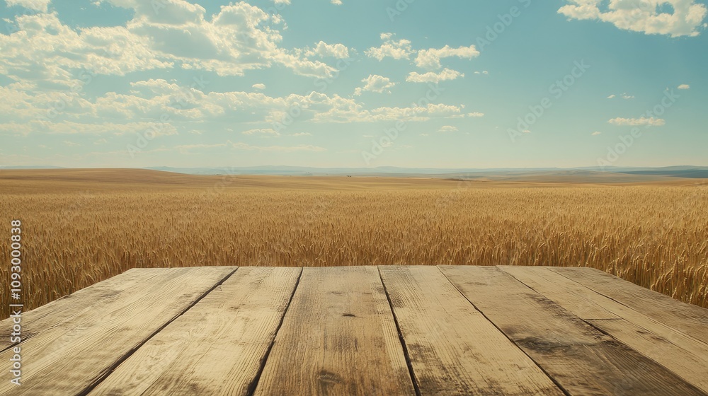Expansive Golden Wheat Field Under Bright Blue Sky With White Clouds and Rustic Wooden Table in the Foreground Perfect for Agriculture or Nature Themes Expansive Golden Wheat Field Under Bright Blue Sky With White Clouds and Rustic Wooden Table in the Foreground Perfect for Agriculture or Nature Themes