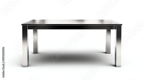 Stylish stainless steel dining table on a white isolated background.